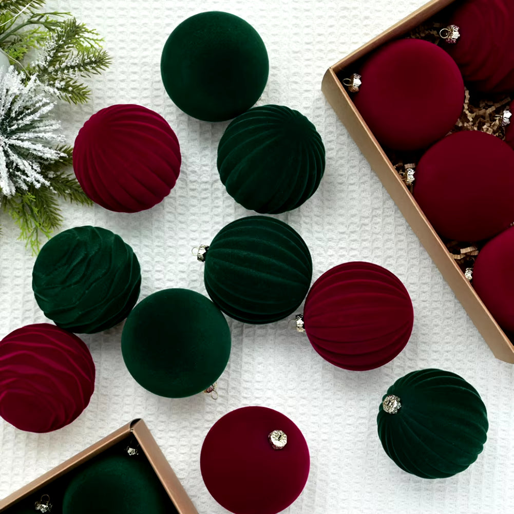 12Pcs/Box 8Cm Christmas Velvet Ball Decoration Christmas Tree Ball Ornament Pendant Hanging Decor Merry Christmas Decoration